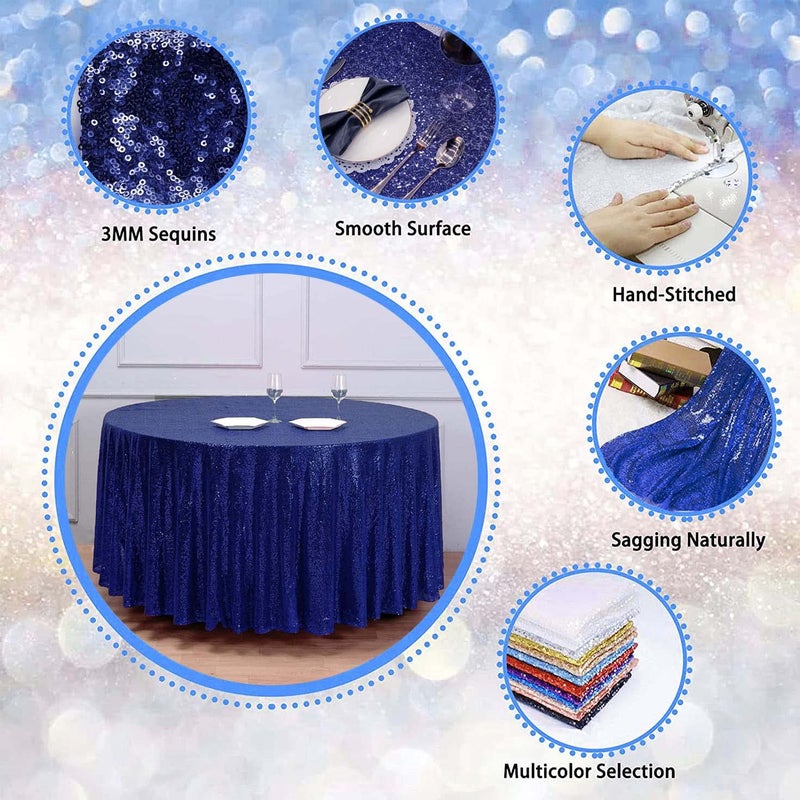TCBESTO Navy Blue Sequin Tablecloth 120" Round Sparkly Table Cover Glitter Table Overlay for Party Dinner Festival Wedding Exhibition Dessert Table - Image 3